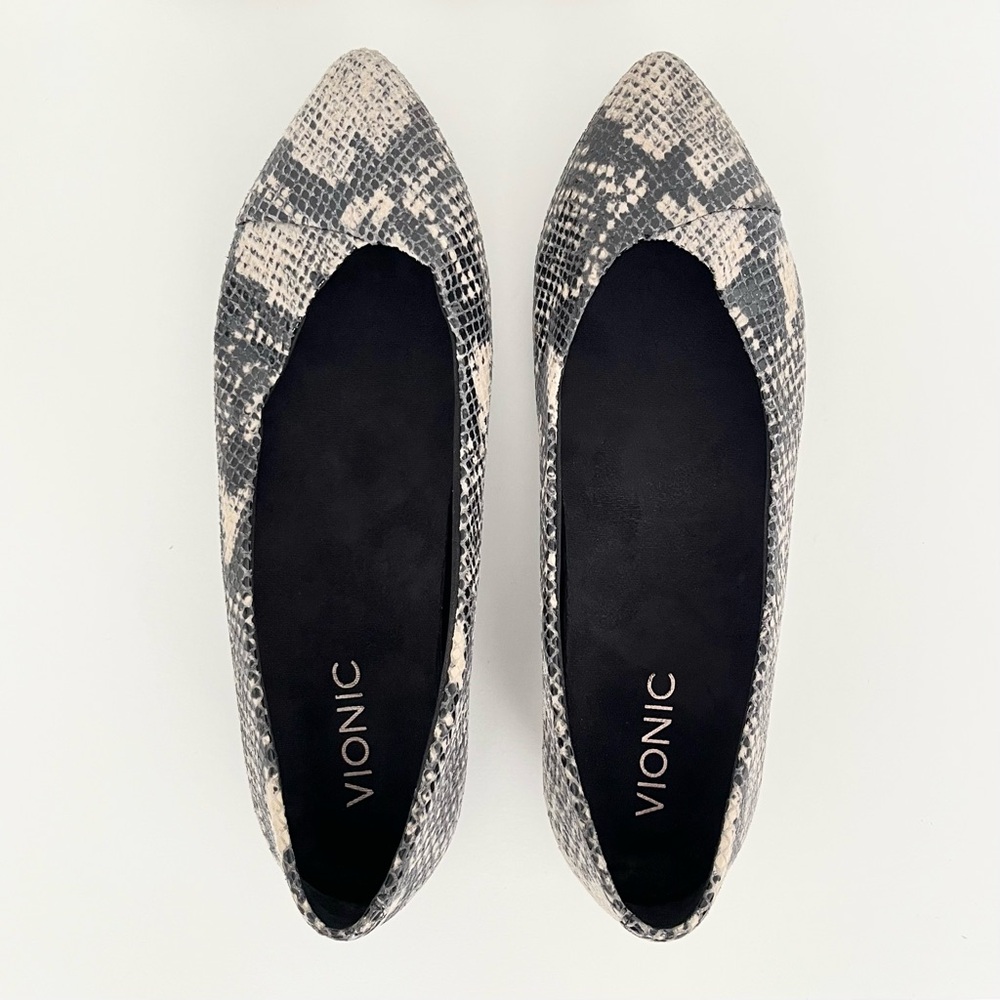 Vionic Snakeskin Pointed Toe Flats in Black and Cream